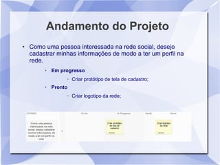Andamento do Projeto
●   Como uma pessoa interessada na rede social, desejo
    cadastrar minhas informações de modo a ter um perfil na
    rede.
            Em progresso
                  ➢   Criar protótipo de tela de cadastro;
            Pronto
                  ➢   Criar logotipo da rede;
 