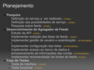 Planejamento
 Pesquisa
   Definição do serviço a ser realizado [ DONE ]
   Definição das possibilidades de serviço [ DONE ]
   Pesquisa sobre feeds [ DONE ]
 Desenvolvimento do Agregador de Feeds
   Estudo da API [ DONE ]
   Implementar exibição das listas de feeds [ DONE ]
   Implementar gestão de usuário e autenticação [ IN PROGRESS
    ]
    Implementar configuração das listas [ IN PROGRESS ]
    Implementar acesso ao banco de dados e
    armazenamento de informações das contas [ IN PROGRESS ]
    Implementar recomendação de fontes de feeds [ TO DO ]
 Fase de Testes
    Teste de Interface [ TO DO ]
    Teste funcional [ TO DO ]
 