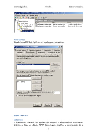 Sistemas Operativos                   Trimestre 1                    Debora García García




Reenviadores:
Sobre DEBORA-SERVIDOR (botón drch)—propiedades—reenviadores




Servicio DHCP
Definición:
El servicio DHCP (Dynamic Host Configuration Protocol) es el protocolo de configuración
dinámica de host, un estándar TCP/IP diseñado para simplificar la administración de la

                                          12
 