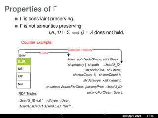Properties of Γ
Γ is constraint preserving.
Γ is not semantics preserving,
i.e., D  Σ ⇐⇒ G  S does not hold.
Counter Example:
Ratan Bahadur Thapa ratanbt@ifi.uio.no
A Source-to-Target Constraint rewriting for Direct Mapping 2nd April 2023 9 / 13
U_ID
U01
U01
Null
User
:User/U_ID=U01 rdf:type :User .
:User/U_ID=U01 :User/U_ID U01 .
RDF Triples:
:User a sh:NodeShape, rdfs:Class;
sh:property [ sh:path :User/U_ID;
sh:nodeKind. sh:Literal;
sh:maxCount 1; sh:minCount 1;
sh:datatype xsd:integer ];
un:uniqueValuesForClass [un:unqProp :User/U_ID;
un:unqForClass :User ].
Class
Datatype Property
 