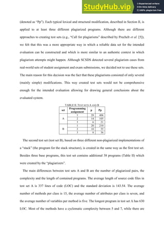 (denoted as “Pp”). Each typical lexical and structural modification, described in Section II, is
applied to at least three different plagiarized programs. Although there are different
approaches to creating test sets (e.g., “Call for plagiarisms” described by Prechelt et al. [5]),
we felt that this was a more appropriate way in which a reliable data set for the intended
evaluation can be constructed and which is more similar to an authentic context in which
plagiarism attempts might happen. Although SCSDS detected several plagiarism cases from
real-world sets of student assignment and exam submissions, we decided not to use these sets.
The main reason for this decision was the fact that these plagiarisms consisted of only several
(mainly simple) modifications. This way created test sets would not be comprehensive
enough for the intended evaluation allowing for drawing general conclusions about the
evaluated system.
TABLE II. TEST SETS A AND B
set
Programming
assignment
p Pp
A
1 28 406
2 14 105
3 6 21
B
1 20 210
2 10 55
3 8 36
The second test set (test set B), based on three different non-plagiarized implementations of
a “stack” (the program for the stack structure), is created in the same way as the first test set.
Besides three base programs, this test set contains additional 38 programs (Table II) which
were created by the “plagiarizers”.
The main differences between test sets A and B are the number of plagiarized pairs, the
complexity and the length of contained programs. The average length of source code files in
test set A is 337 lines of code (LOC) and the standard deviation is 143.54. The average
number of methods per class is 15, the average number of attributes per class is seven, and
the average number of variables per method is five. The longest program in test set A has 630
LOC. Most of the methods have a cyclomatic complexity between 5 and 7, while there are
 