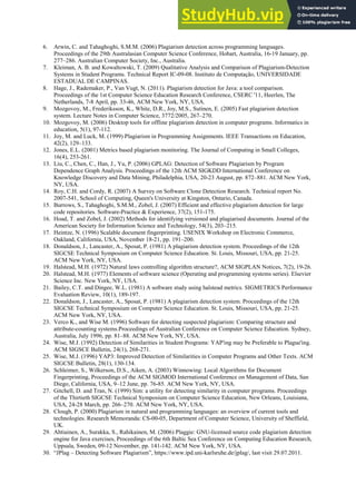 6. Arwin, C. and Tahaghoghi, S.M.M. (2006) Plagiarism detection across programming languages.
Proceedings of the 29th Australasian Computer Science Conference, Hobart, Australia, 16-19 January, pp.
277–286. Australian Computer Society, Inc., Australia.
7. Kleiman, A. B. and Kowaltowski, T. (2009) Qualitative Analysis and Comparison of Plagiarism-Detection
Systems in Student Programs. Technical Report IC-09-08. Instituto de Computação, UNIVERSIDADE
ESTADUAL DE CAMPINAS.
8. Hage, J., Rademaker, P., Van Vugt, N. (2011). Plagiarism detection for Java: a tool comparison.
Proceedings of the 1st Computer Science Education Research Conference, CSERC '11, Heerlen, The
Netherlands, 7-8 April, pp. 33-46, ACM New York, NY, USA.
9. Mozgovoy, M., Frederiksson, K., White, D.R., Joy, M.S., Sutinen, E. (2005) Fast plagiarism detection
system. Lecture Notes in Computer Science, 3772/2005, 267–270.
10. Mozgovoy, M. (2006) Desktop tools for offline plagiarism detection in computer programs. Informatics in
education, 5(1), 97-112.
11. Joy, M. and Luck, M. (1999) Plagiarism in Programming Assignments. IEEE Transactions on Education,
42(2), 129–133.
12. Jones, E.L. (2001) Metrics based plagiarism monitoring. The Journal of Computing in Small Colleges,
16(4), 253-261.
13. Liu, C., Chen, C., Han, J., Yu, P. (2006) GPLAG: Detection of Software Plagiarism by Program
Dependence Graph Analysis. Proceedings of the 12th ACM SIGKDD International Conference on
Knowledge Discovery and Data Mining, Philadelphia, USA, 20-23 August, pp. 872–881. ACM New York,
NY, USA.
14. Roy, C.H. and Cordy, R. (2007) A Survey on Software Clone Detection Research. Technical report No.
2007-541, School of Computing, Queen's University at Kingston, Ontario, Canada.
15. Burrows, S., Tahaghoghi, S.M.M., Zobel, J. (2007) Efficient and effective plagiarism detection for large
code repositories. Software-Practice & Experience, 37(2), 151-175.
16. Hoad, T. and Zobel, J. (2002) Methods for identifying versioned and plagiarised documents. Journal of the
American Society for Information Science and Technology, 54(3), 203–215.
17. Heintze, N. (1996) Scalable document fingerprinting. USENIX Workshop on Electronic Commerce,
Oakland, California, USA, November 18-21, pp. 191–200.
18. Donaldson, J., Lancaster, A., Sposat, P. (1981) A plagiarism detection system. Proceedings of the 12th
SIGCSE Technical Symposium on Computer Science Education. St. Louis, Missouri, USA, pp. 21-25.
ACM New York, NY, USA.
19. Halstead, M.H. (1972) Natural laws controlling algorithm structure?, ACM SIGPLAN Notices, 7(2), 19-26.
20. Halstead, M.H. (1977) Elements of software science (Operating and programming systems series). Elsevier
Science Inc. New York, NY, USA.
21. Bailey, C.T. and Dingee, W.L. (1981) A software study using halstead metrics. SIGMETRICS Performance
Evaluation Review, 10(1), 189-197.
22. Donaldson, J., Lancaster, A., Sposat, P. (1981) A plagiarism detection system. Proceedings of the 12th
SIGCSE Technical Symposium on Computer Science Education. St. Louis, Missouri, USA, pp. 21-25.
ACM New York, NY, USA.
23. Verco K., and Wise M. (1996) Software for detecting suspected plagiarism: Comparing structure and
attribute-counting systems.Proceedings of Australian Conference on Computer Science Education. Sydney,
Australia, July 1996, pp. 81–88. ACM New York, NY, USA.
24. Wise, M.J. (1992) Detection of Similarities in Student Programs: YAP'ing may be Preferable to Plague'ing.
ACM SIGSCE Bulletin, 24(1), 268-271.
25. Wise, M.J. (1996) YAP3: Improved Detection of Similarities in Computer Programs and Other Texts. ACM
SIGCSE Bulletin, 28(1), 130-134.
26. Schleimer, S., Wilkerson, D.S., Aiken, A. (2003) Winnowing: Local Algorithms for Document
Fingerprinting, Proceedings of the ACM SIGMOD International Conference on Management of Data, San
Diego, California, USA, 9–12 June, pp. 76-85. ACM New York, NY, USA.
27. Gitchell, D. and Tran, N. (1999) Sim: a utility for detecting similarity in computer programs. Proceedings
of the Thirtieth SIGCSE Technical Symposium on Computer Science Education, New Orleans, Louisiana,
USA, 24-28 March, pp. 266–270. ACM New York, NY, USA.
28. Clough, P. (2000) Plagiarism in natural and programming languages: an overview of current tools and
technologies. Research Memoranda: CS-00-05, Department of Computer Science, University of Sheffield,
UK.
29. Ahtiainen, A., Surakka, S., Rahikainen, M. (2006) Plaggie: GNU-licensed source code plagiarism detection
engine for Java exercises, Proceedings of the 6th Baltic Sea Conference on Computing Education Research,
Uppsala, Sweden, 09-12 November, pp. 141-142. ACM New York, NY, USA.
30. “JPlag – Detecting Software Plagiarism”, https://www.ipd.uni-karlsruhe.de/jplag/, last visit 29.07.2011.
 