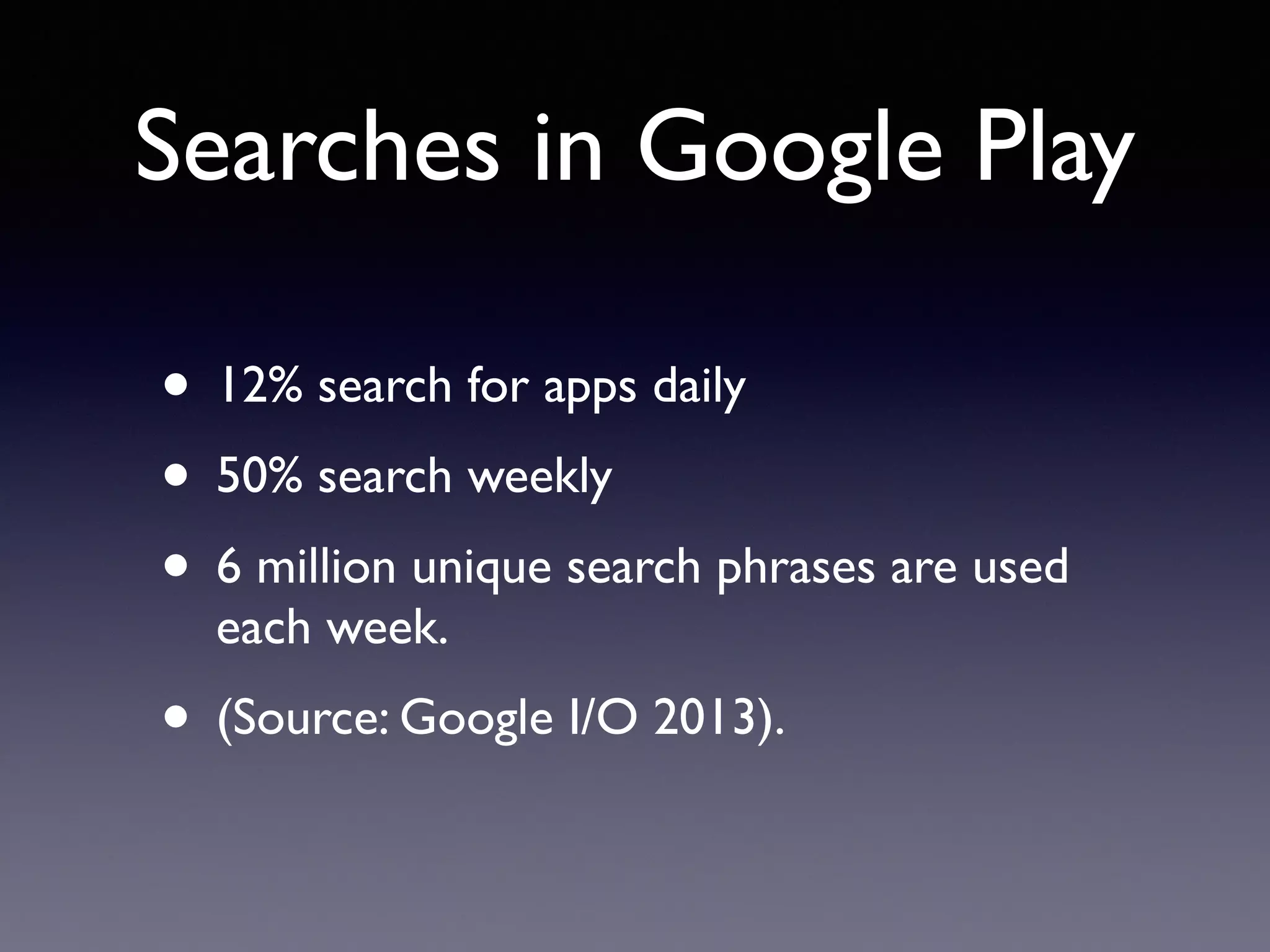 Searches in Google Play
• 12% search for apps daily
• 50% search weekly
• 6 million unique search phrases are used
each week.
• (Source: Google I/O 2013).
 