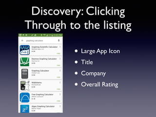 Discovery: Clicking
Through to the listing
• Large App Icon
• Title
• Company
• Overall Rating
 