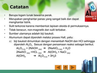 Catatan
• Berupa logam lunak bewarna perak.
• Merupakan penghantar panas yang sangat baik dan dapat
menghantar listrik.
• Sulit terkorosi karena membentuk lapisan oksida di permukaannya.
• Tidak beracun, non-magnetik dan sulit terbakar.
• Sumber utamanya adalah biji bauksit.
• Alumunium dapat diperoleh melalui proses Hall, yaitu:
a) biji bauksit dimurnikan dengan menambah NaOH dan HCl sehingga
diperoleh Al2O3. Sesuai dengan persamaan reaksi sebagai berikut.
Al2O3 (s) + 2NAOH (aq) ➔ 2NaAIO2 (aq) + H2O
2NaAIO (aq) +HCL (aq) ➔ Al(OH)3 + NaCl (aq)
Al(OH)3 ➔ Al2O3 (s) + 3H20
 