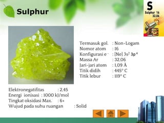 Sulphur
Termasuk gol. : Non-Logam
Nomor atom : 16
Konfigurasi e - : [Ne] 3s2 3p4
Massa Ar : 32,06
Jari-jari atom : 1,09 Å
Titik didih : 445° C
Titik lebur : 119° C
Elektronegatifitas : 2,45
Energi ionisasi : 1000 kJ/mol
Tingkat oksidasi Max. : 6+
Wujud pada suhu ruangan : Solid
 