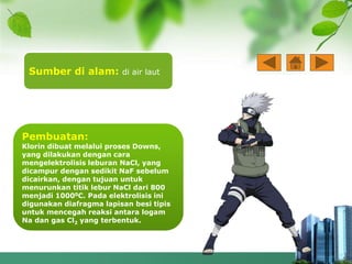 Pembuatan:
Klorin dibuat melalui proses Downs,
yang dilakukan dengan cara
mengelektrolisis leburan NaCl, yang
dicampur dengan sedikit NaF sebelum
dicairkan, dengan tujuan untuk
menurunkan titik lebur NaCl dari 800
menjadi 10000C. Pada elektrolisis ini
digunakan diafragma lapisan besi tipis
untuk mencegah reaksi antara logam
Na dan gas Cl2 yang terbentuk.
Sumber di alam: di air laut
 