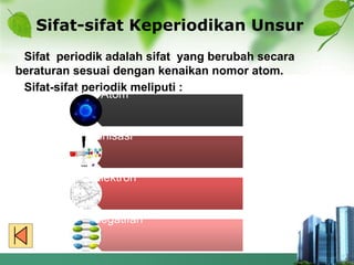 Sifat-sifat Keperiodikan Unsur
Sifat periodik adalah sifat yang berubah secara
beraturan sesuai dengan kenaikan nomor atom.
Sifat-sifat periodik meliputi :
Jari-jari Atom
Energi Ionisasi
Afinitas Elektron
Keelektronegatifan
 