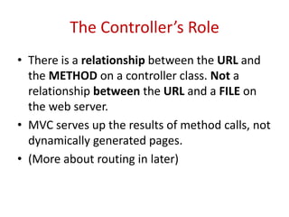 The Controller’s Role
• There is a relationship between the URL and
the METHOD on a controller class. Not a
relationship between the URL and a FILE on
the web server.
• MVC serves up the results of method calls, not
dynamically generated pages.
• (More about routing in later)
 