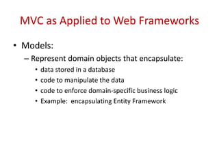 MVC as Applied to Web Frameworks
• Models:
– Represent domain objects that encapsulate:
• data stored in a database
• code to manipulate the data
• code to enforce domain-specific business logic
• Example: encapsulating Entity Framework
 