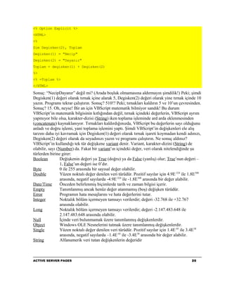 <% Option Explicit %>
<HTML>
<%
Dim Degisken(2), Toplam
Degisken(1) = "Necip"
Degisken(2) = "Dayanır"
Toplam = degisken(1) + Degisken(2)
%>
<% =Toplam %>
</HTML>

Sonuç: “NecipDayanır” değil mi? (Arada boşluk olmamasına aldırmayın şimdilik!) Peki; şimdi
Degisken(1) değeri olarak tırnak içine alarak 5, Degisken(2) değeri olarak yine tırnak içinde 10
yazın. Programı tekrar çalıştırın. Sonuç? 510!? Peki; tırnakları kaldırın 5 ve 10’un çevresinden.
Sonuç? 15. Oh, neyse! Bir an için VBScript matematik bilmiyor sandık! Bu durum
VBScript’in matematik bilgisinin kıtlığından değil, tırnak içindeki değerlerin, VBScript ayrım
yapmıyor bile olsa, karakter-dizisi (String) iken toplama işleminde ard arda eklenmesinden
(concatenate) kaynaklanıyor. Tırnakları kaldırdığınızda, VBScript bu değerlerin sayı olduğunu
anladı ve doğru işlemi, yani toplama işlemini yaptı. Şimdi VBScript’in değişkenleri ele alış
tarzını daha iyi kavramak için Degisken(1) değeri olarak tırnak işareti koymadan kendi adınızı,
Degisken(2) değeri olarak da soyadınızı yazın ve programı çalıştırın. Ne sonuç aldınız?
VBScript’in kullandığı tek tür değişkene variant denir. Variant, karakter-dizini (String) de
olabilir, sayı (Number) da. Fakat bir variant’ın içindeki değer, veri olarak nitelendiğinde şu
türlerden birine girer:
Boolean          Değişkenin değeri ya True (doğru) ya da False (yanlış) olur; True’nun değeri –
                 1, False’un değeri ise 0’dır.
Byte             0 ile 255 arasında bir sayısal değer olabilir.
Double           Yüzen noktalı değer denilen veri türüdür. Pozitif sayılar için 4.9E-324 ile 1.8E308
                 arasında, negatif sayılarda -4.9E-324 ile -1.8E308 arasında bir değer alabilir.
Date/Time        Önceden belirlenmiş biçimlerde tarih ve zaman bilgisi içerir.
Empty            Tanımlanmış ancak henüz değer atanmamış (boş) değişken türüdür.
Error            Programın hata mesajlarını ve hata değerlerini tutar.
Integer          Noktalık bölüm içermeyen tamsayı verilerdir; değeri -32.768 ile +32.767
                 arasında olabilir.
Long             Noktalık bölüm içermeyen tamsayı verilerdir; değeri -2.147.483.648 ile
                 2.147.483.648 arasında olabilir.
Null             İçinde veri bulunmamak üzere tanımlanmış değişkenlerdir.
Object           Windows OLE Nesnelerini tutmak üzere tanımlanmış değişkenlerdir.
Single           Yüzen noktalı değer denilen veri türüdür. Pozitif sayılar için 1.4E-45 ile 3.4E38
                 arasında, negatif sayılarda –1.4E-45 ile -3.4E38 arasında bir değer alabilir.
String           Alfanumerik veri tutan değişkenlerin değeridir



ACTIVE SERVER PAGES                                                                           20
 