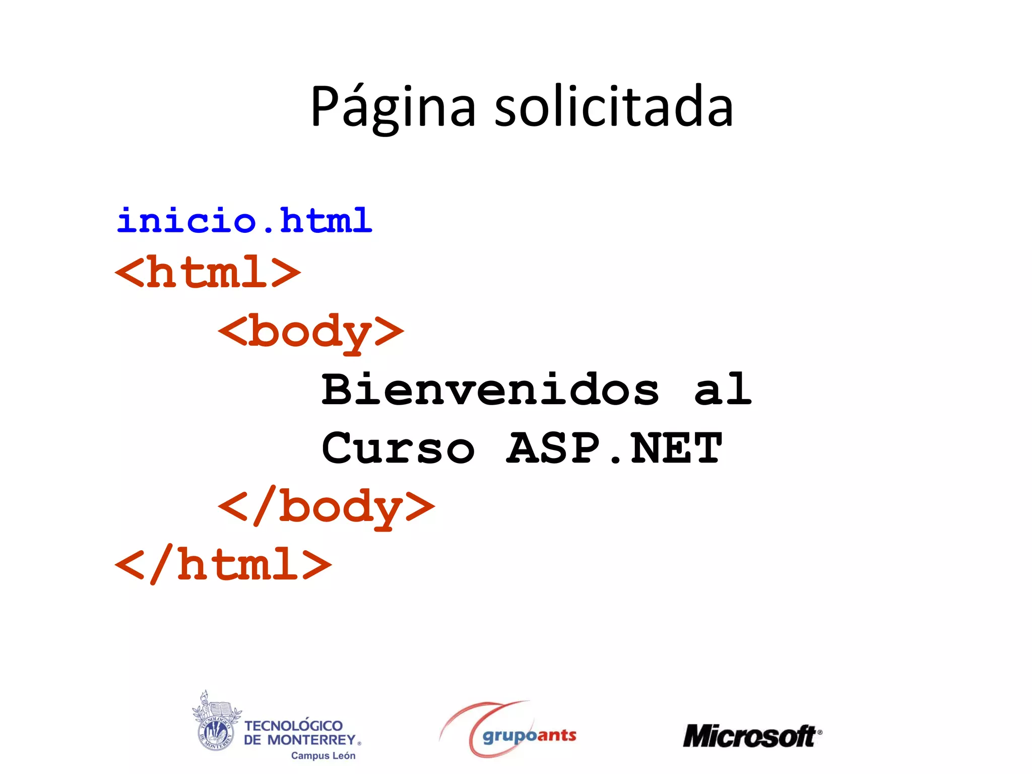 Página solicitada inicio.html <html> <body> Bienvenidos al  Curso ASP.NET </body> </html> 