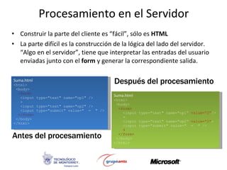 Procesamiento en el Servidor Construir la parte del cliente es “fácil”, sólo es  HTML La parte difícil es la construcción de la lógica del lado del servidor. “Algo en el servidor”, tiene que interpretar las entradas del usuario enviadas junto con el  form  y generar la correspondiente salida.  Suma.html <html> <body> <form> <input type=&quot;text&quot; name=&quot;op1&quot; /> + <input type=&quot;text&quot; name=&quot;op2&quot; /> <input type=&quot;submit&quot; value=&quot;  =  &quot; /> </form> </body> </html> Suma.html <html> <body> <form> <input type=&quot;text&quot; name=&quot;op1“  value=“2” /> + <input type=&quot;text&quot; name=&quot;op2“  value=“2” > <input type=&quot;submit&quot; value=&quot;  =  &quot; /> 4 </form> </body> </html> Antes del procesamiento Después del procesamiento 