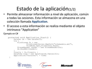 Estado de la aplicación (1/2) Permite almacenar información a nivel de aplicación, común a todas las sesiones. Esta información se almacena en una colección llamada  Application . El acceso a esta información se realiza mediante el objeto intrínseco “Application” Ejemplo en C# protected void Application_Start() {  DataSet ds = new DataSet();  try { FileStream fs = new  FileStream(Server.MapPath(&quot;schemadata.xml&quot;),  FileMode.Open,FileAccess.Read);  StreamReader reader = new StreamReader(fs); ds.ReadXml(reader); } finally { fs.Close(); } DataView view = new DataView(ds.Tables[0]);  Application[&quot;Sucursal&quot;] = view; }  