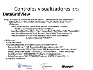 Controles visualizadores  (1/2) DataGridView <asp:GridView ID=&quot;GridView1&quot; runat=&quot;server&quot; DataSourceID=&quot;SqlDataSource1&quot;  DataKeyNames=&quot;ProductID&quot; AllowPaging=&quot;True&quot; AllowSorting=&quot;True&quot;> <Columns> <asp:CommandField DeleteText=&quot;Excluir“ CancelText=&quot;Cancelar“ UpdateText=&quot;Atualizar&quot; EditText=&quot;Editar&quot;/> <asp:BoundField ReadOnly=&quot;True&quot; HeaderText=&quot;Cod&quot; DataField=&quot;ProductID&quot;/> <asp:BoundField HeaderText=&quot;Produto&quot; DataField=&quot;ProductName&quot;/> <asp:BoundField HeaderText=&quot;Estoque&quot; DataField=&quot;UnitsInStock&quot;  DataFormatString=&quot;{0:n0}&quot;/> </Columns> </asp:GridView> <asp:SqlDataSource ID=&quot;SqlDataSource1&quot; runat=&quot;server&quot; ConnectionString=&quot;<%$ ConnectionStrings:myConnection %>&quot;  UpdateCommand=&quot;UPDATE [Products] SET [ProductName] = @ProductName &quot; SelectCommand=&quot;SELECT [ProductID], [ProductName] … FROM [Products]&quot; InsertCommand=&quot;INSERT INTO [Products] ([ProductName] ...&quot; DeleteCommand=&quot;DELETE FROM [Products] WHERE [ProductID] ...&quot;> </asp:SqlDataSource> 