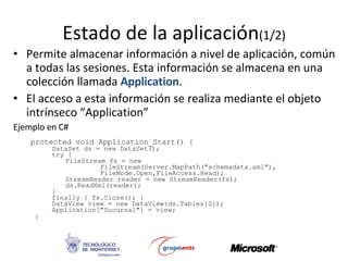 Estado de la aplicación (1/2) <ul><li>Permite almacenar información a nivel de aplicación, común a todas las sesiones. Est...