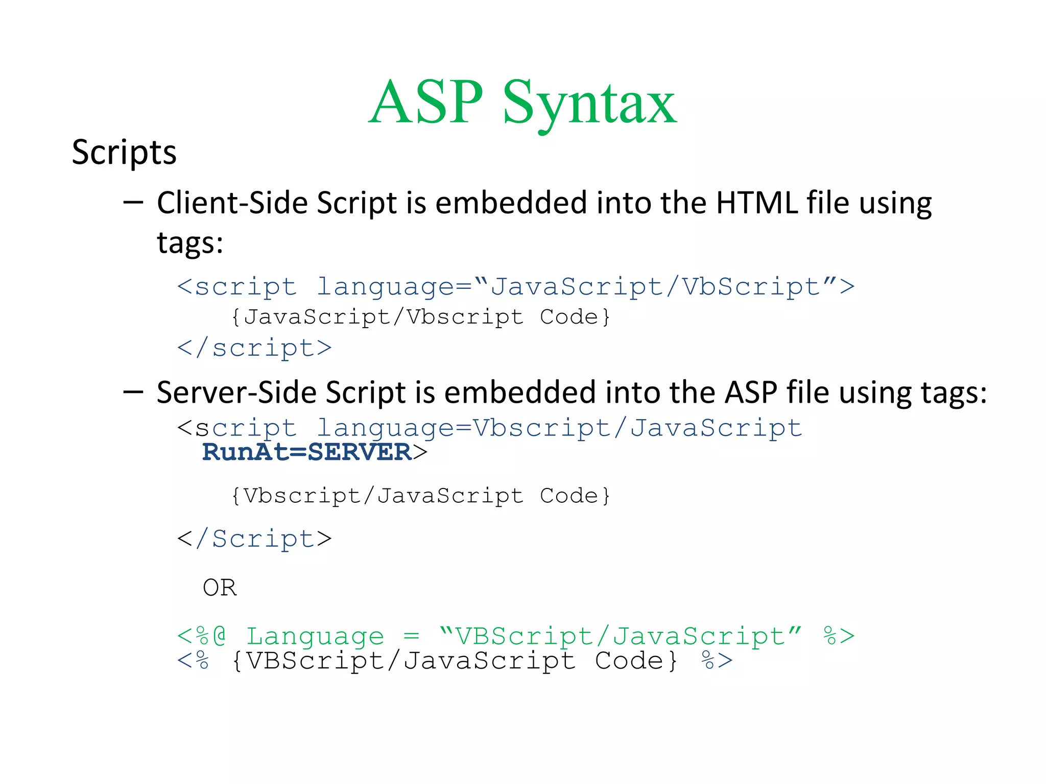 ASP Syntax
Scripts
– Client-Side Script is embedded into the HTML file using
tags:
<script language=“JavaScript/VbScript”>
{JavaScript/Vbscript Code}
</script>
– Server-Side Script is embedded into the ASP file using tags:
<script language=Vbscript/JavaScript
RunAt=SERVER>
{Vbscript/JavaScript Code}
</Script>
OR
<%@ Language = “VBScript/JavaScript” %>
<% {VBScript/JavaScript Code} %>
 