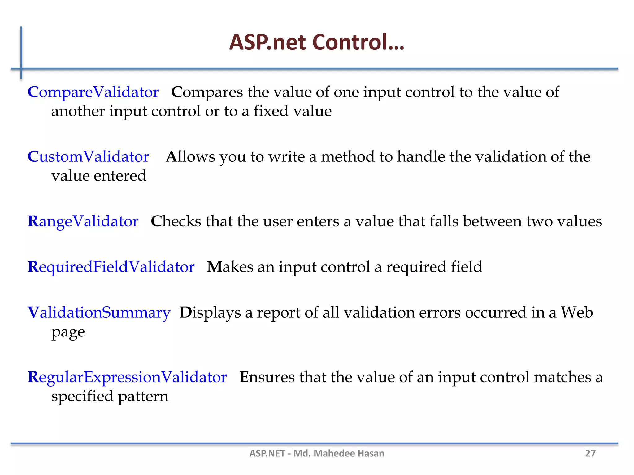 ASP.net Control…
Panel Provides a container for other controls
PlaceHolder Reserves space for controls added by code
RadioButton Creates a radio button
RadioButtonList Creates a group of radio buttons
Table Creates a table
TableCell Creates a table cell
TableRow Creates a table row
TextBox Creates a text box
MAHEDEE.NET 27
 