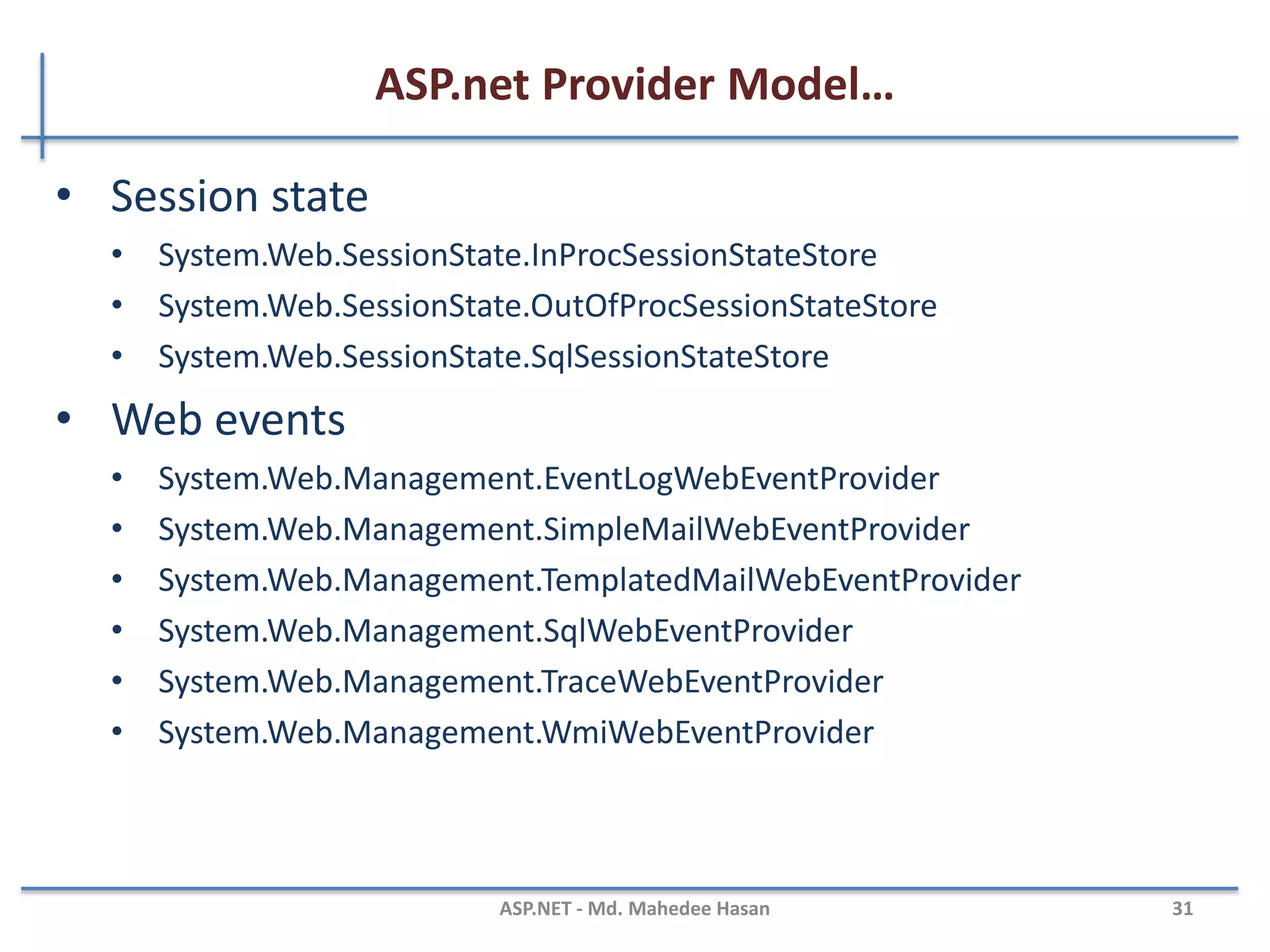ASP.net Provider Model…
• Membership
• System.Web.Security.ActiveDirectoryMembershipProvider
• System.Web.Security.SqlMembershipProvider
• Role management
• System.Web.Security.AuthorizationStoreRoleProvider
• System.Web.Security.SqlRoleProvider
• System.Web.Security.WindowsTokenRoleProvider
• Site map
• System.Web.XmlSiteMapProvider
• Profile
• System.Web.Profile.SqlProfileProvider
MAHEDEE.NET 31
 
