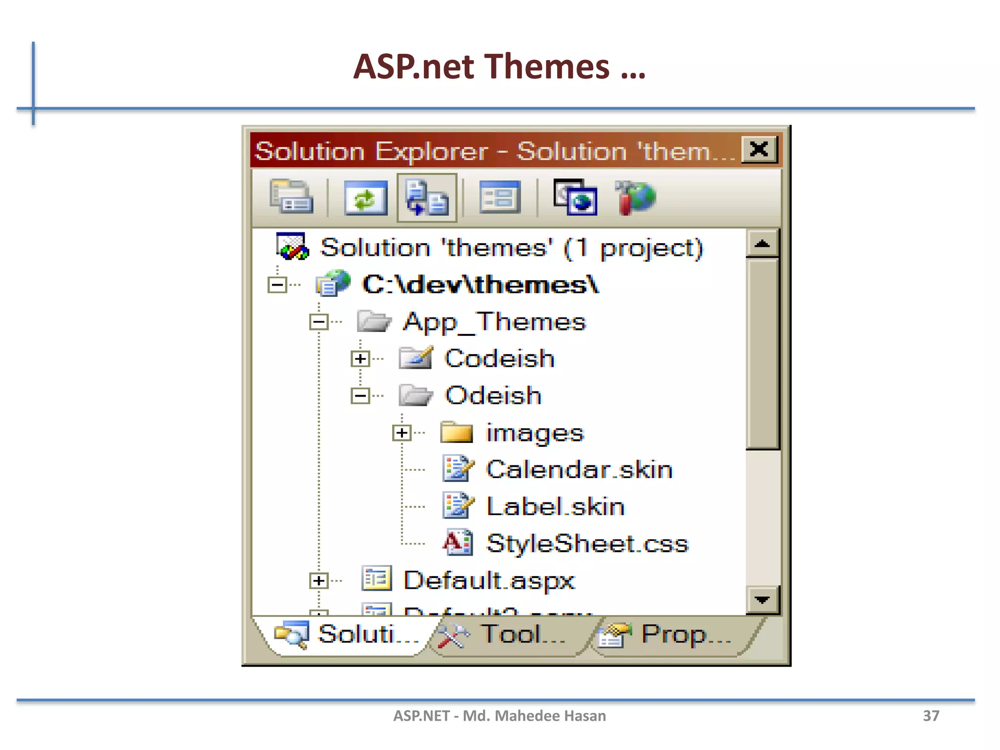 ASP.net Themes
• Themes is a cool and easy way to create a consistent look and
feel across a page or an entire website
• By using themes, you can easily customize your server controls
with predefined looks
• The themes feature allows to dictate the appearance of controls
in your application using template files with a .skin extension,
and with style sheets
• A .skin file can contain one or more control skins for one or more
control types.
MAHEDEE.NET 37
 