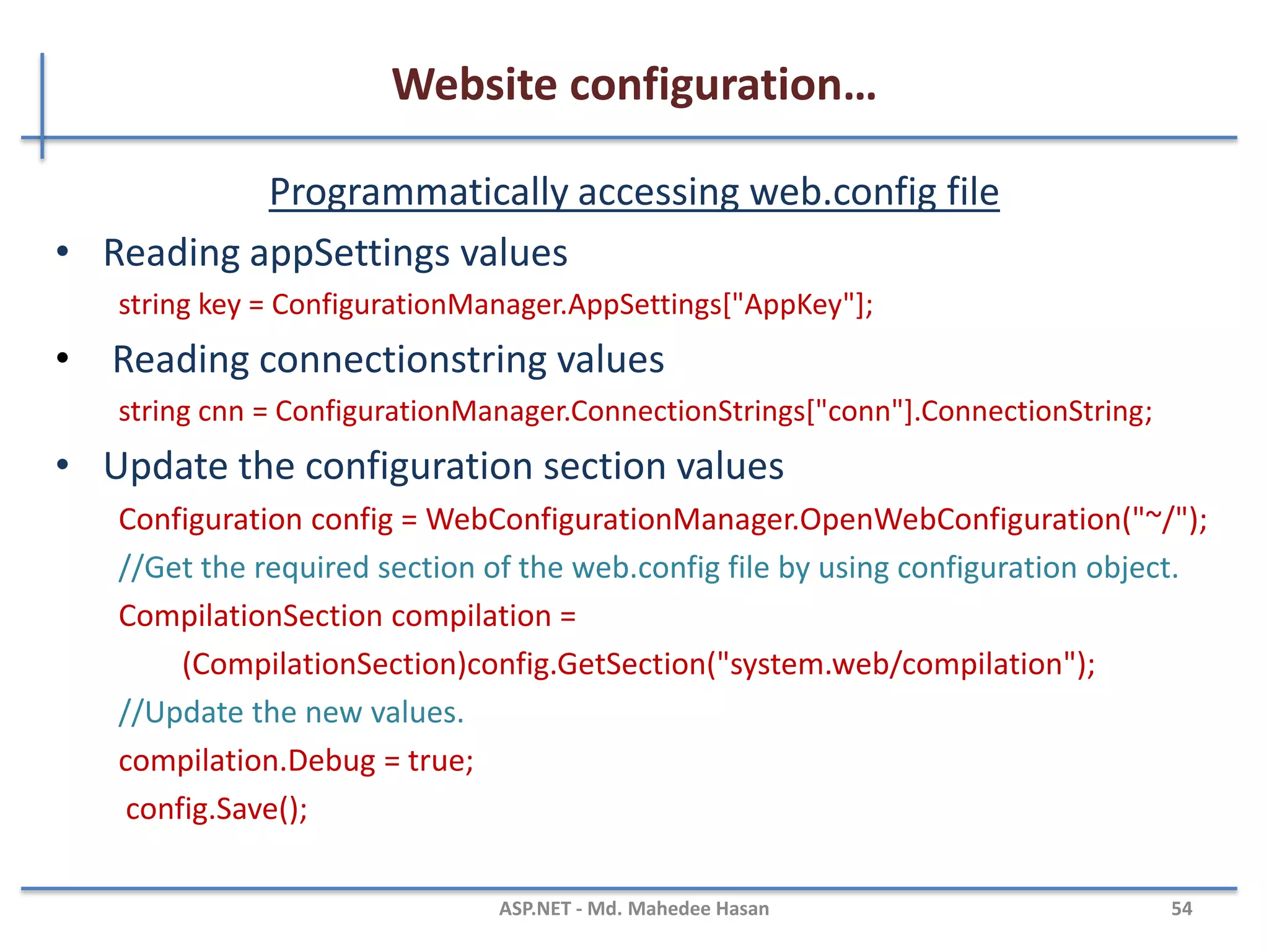 Website configuration…
Elements of Web.config file
MAHEDEE.NET 54
 