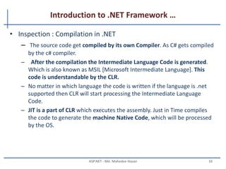 Introduction to .NET Framework …
CLR Execution Model
MAHEDEE.NET 10
VBSource
code
Compiler
C++C#
CompilerCompiler
Assembly
IL Code
Assembly
IL Code
Assembly
IL Code
Operating System Services
Common Language Runtime
JIT Compiler
Native Code
Managed
code
Unmanaged
Component
 