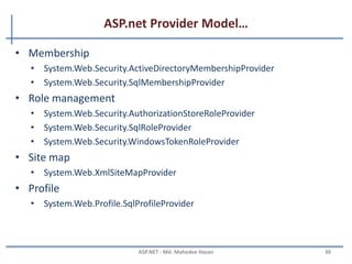 ASP.net Provider Model
• A provider is a software module that provides a uniform
interface between a service and a data source.
• To make ASP.net state storage both flexible and extensible
MAHEDEE.NET 30
The membership provider model
 