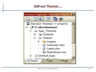 ASP.net Themes
• Themes is a cool and easy way to create a consistent look and
feel across a page or an entire website
• By using themes, you can easily customize your server controls
with predefined looks
• The themes feature allows to dictate the appearance of controls
in your application using template files with a .skin extension,
and with style sheets
• A .skin file can contain one or more control skins for one or more
control types.
MAHEDEE.NET 37
 