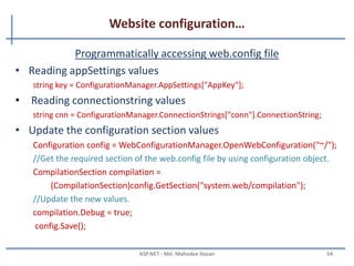 Website configuration…
Elements of Web.config file
MAHEDEE.NET 54
 