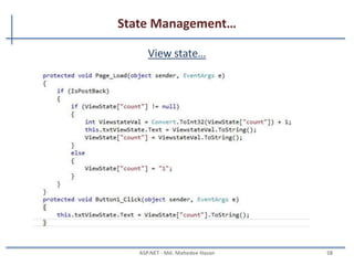 State Management…
• Client side state management
– View State
– Hidden fields
– Cookies
– Query Strings
– Control State
• Server side state management
– Application state
– Session state
MAHEDEE.NET 58
 