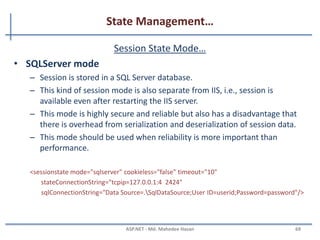 State Management…
Session State Mode
• There are four session storage mechanisms provided by ASP.NET
– InProc mode
– StateServer mode
– SQLServer mode
– Custom mode
• InProc Mode
– InProc mode is the default mode provided by ASP.NET
– In this mode, session values are stored in the web server's memory (in
IIS).
<sessionstate mode="InProc" cookieless="false" timeout="10“ />
MAHEDEE.NET 69
 