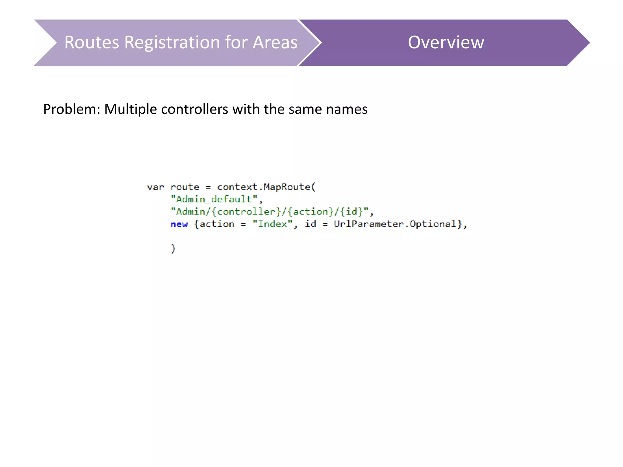 Routes Registration for Areas Overview
Problem: Multiple controllers with the same names
 