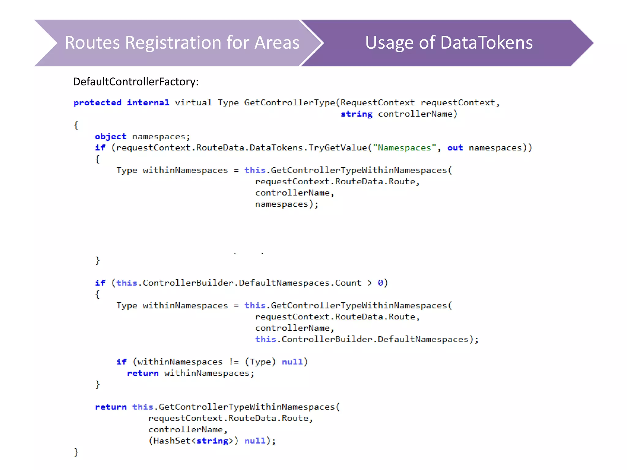 Routes Registration for Areas Usage of DataTokens
DefaultControllerFactory:
 