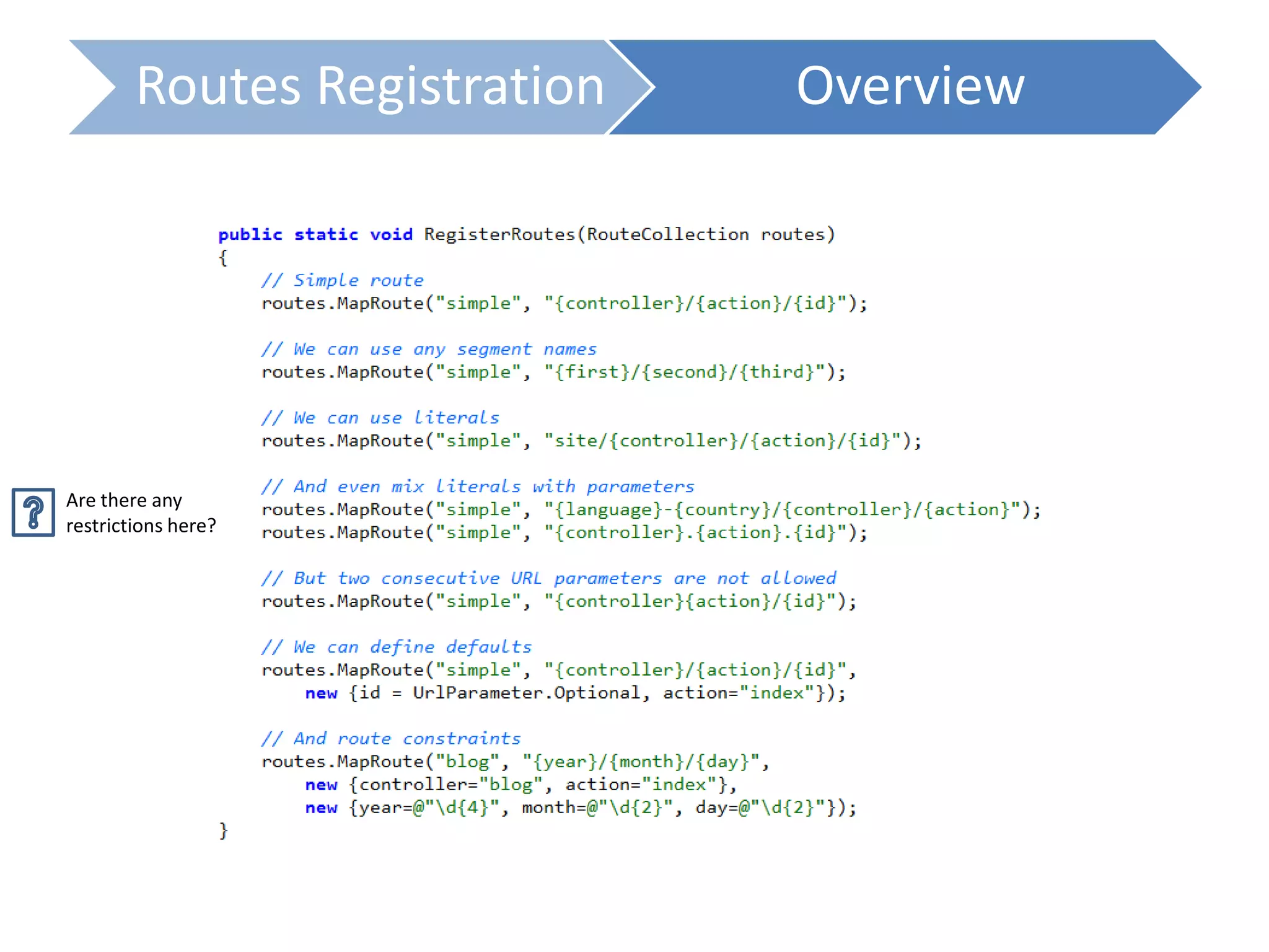 Routes Registration Overview
Are there any
restrictions here?
 