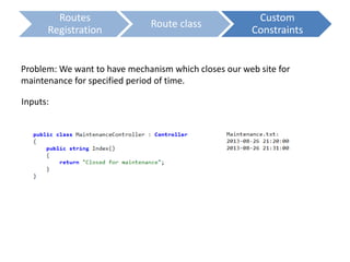 Routes
Registration
Route class
Custom
Constraints
Problem: We want to have mechanism which closes our web site for
maintenance for specified period of time.
Inputs:
 