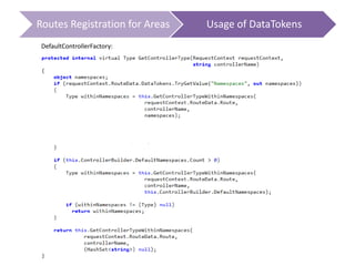 Routes Registration for Areas Usage of DataTokens
DefaultControllerFactory:
 
