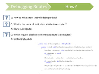 Debugging Routes How?
Q: How to write a tool that will debug routes?
Q: What is the name of static class which stores routes?
Q: Which request pipeline element uses RouteTable.Routes?
A: RouteTable.Routes
A: UrlRoutingModule
 