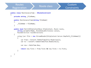 Routes
Registration
Route class
Custom
Constraints
 