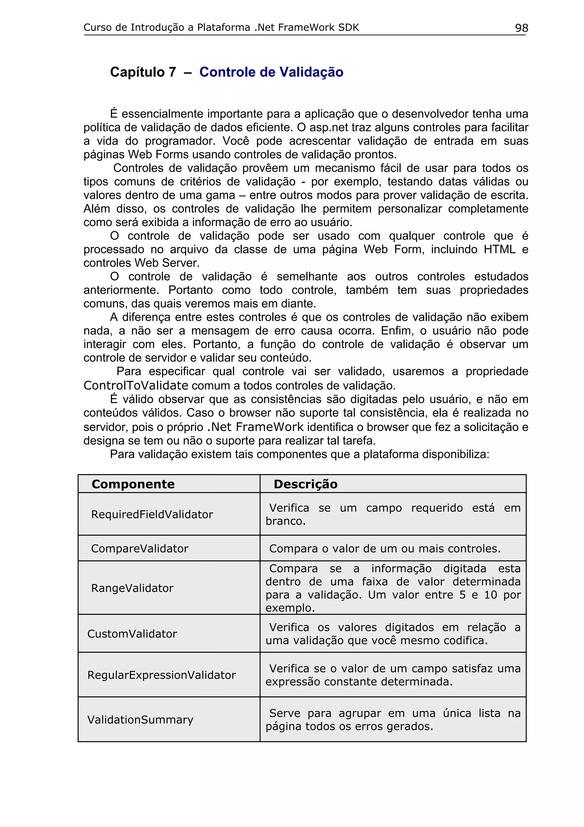 Curso de Introdução a Plataforma .Net FrameWork SDK

98

Capítulo 7 – Controle de Validação
É essencialmente importante para a aplicação que o desenvolvedor tenha uma
política de validação de dados eficiente. O asp.net traz alguns controles para facilitar
a vida do programador. Você pode acrescentar validação de entrada em suas
páginas Web Forms usando controles de validação prontos.
Controles de validação provêem um mecanismo fácil de usar para todos os
tipos comuns de critérios de validação - por exemplo, testando datas válidas ou
valores dentro de uma gama – entre outros modos para prover validação de escrita.
Além disso, os controles de validação lhe permitem personalizar completamente
como será exibida a informação de erro ao usuário.
O controle de validação pode ser usado com qualquer controle que é
processado no arquivo da classe de uma página Web Form, incluindo HTML e
controles Web Server.
O controle de validação é semelhante aos outros controles estudados
anteriormente. Portanto como todo controle, também tem suas propriedades
comuns, das quais veremos mais em diante.
A diferença entre estes controles é que os controles de validação não exibem
nada, a não ser a mensagem de erro causa ocorra. Enfim, o usuário não pode
interagir com eles. Portanto, a função do controle de validação é observar um
controle de servidor e validar seu conteúdo.
Para especificar qual controle vai ser validado, usaremos a propriedade
ControlToValidate comum a todos controles de validação.
É válido observar que as consistências são digitadas pelo usuário, e não em
conteúdos válidos. Caso o browser não suporte tal consistência, ela é realizada no
servidor, pois o próprio .Net FrameWork identifica o browser que fez a solicitação e
designa se tem ou não o suporte para realizar tal tarefa.
Para validação existem tais componentes que a plataforma disponibiliza:
Componente
RequiredFieldValidator
CompareValidator

Descrição
Verifica se um campo requerido está em
branco.
Compara o valor de um ou mais controles.

RangeValidator

Compara se a informação digitada esta
dentro de uma faixa de valor determinada
para a validação. Um valor entre 5 e 10 por
exemplo.

CustomValidator

Verifica os valores digitados em relação a
uma validação que você mesmo codifica.

RegularExpressionValidator

Verifica se o valor de um campo satisfaz uma
expressão constante determinada.

ValidationSummary

Serve para agrupar em uma única lista na
página todos os erros gerados.

 
