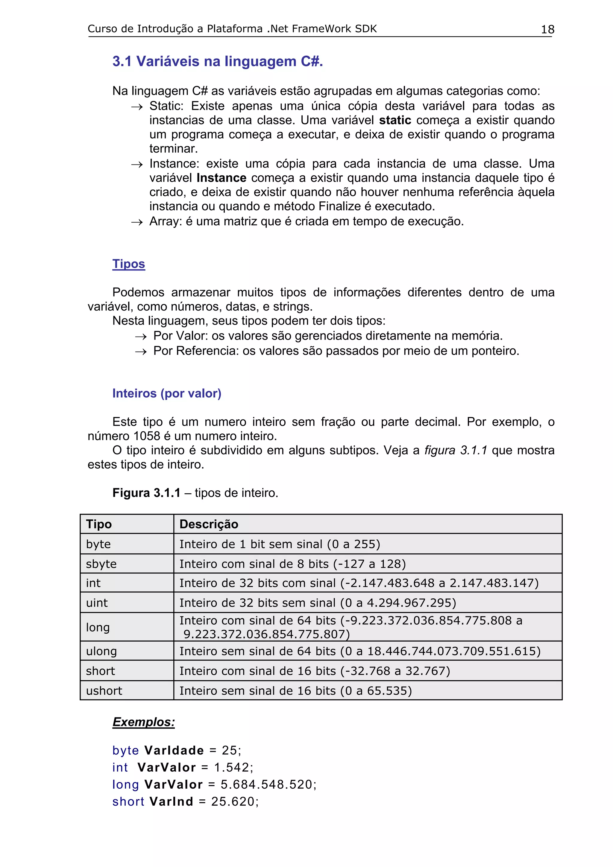 Curso de Introdução a Plataforma .Net FrameWork SDK

18

3.1 Variáveis na linguagem C#.
Na linguagem C# as variáveis estão agrupadas em algumas categorias como:
→ Static: Existe apenas uma única cópia desta variável para todas as
instancias de uma classe. Uma variável static começa a existir quando
um programa começa a executar, e deixa de existir quando o programa
terminar.
→ Instance: existe uma cópia para cada instancia de uma classe. Uma
variável Instance começa a existir quando uma instancia daquele tipo é
criado, e deixa de existir quando não houver nenhuma referência àquela
instancia ou quando e método Finalize é executado.
→ Array: é uma matriz que é criada em tempo de execução.
Tipos
Podemos armazenar muitos tipos de informações diferentes dentro de uma
variável, como números, datas, e strings.
Nesta linguagem, seus tipos podem ter dois tipos:
→ Por Valor: os valores são gerenciados diretamente na memória.
→ Por Referencia: os valores são passados por meio de um ponteiro.
Inteiros (por valor)
Este tipo é um numero inteiro sem fração ou parte decimal. Por exemplo, o
número 1058 é um numero inteiro.
O tipo inteiro é subdividido em alguns subtipos. Veja a figura 3.1.1 que mostra
estes tipos de inteiro.
Figura 3.1.1 – tipos de inteiro.
Tipo

Descrição

byte

Inteiro de 1 bit sem sinal (0 a 255)

sbyte

Inteiro com sinal de 8 bits (-127 a 128)

int

Inteiro de 32 bits com sinal (-2.147.483.648 a 2.147.483.147)

uint

Inteiro de 32 bits sem sinal (0 a 4.294.967.295)

ulong

Inteiro com sinal de 64 bits (-9.223.372.036.854.775.808 a
9.223.372.036.854.775.807)
Inteiro sem sinal de 64 bits (0 a 18.446.744.073.709.551.615)

short

Inteiro com sinal de 16 bits (-32.768 a 32.767)

ushort

Inteiro sem sinal de 16 bits (0 a 65.535)

long

Exemplos:
byte VarIdade = 25;
int VarValor = 1.542;
long VarValor = 5.684.548.520;
short VarInd = 25.620;

 