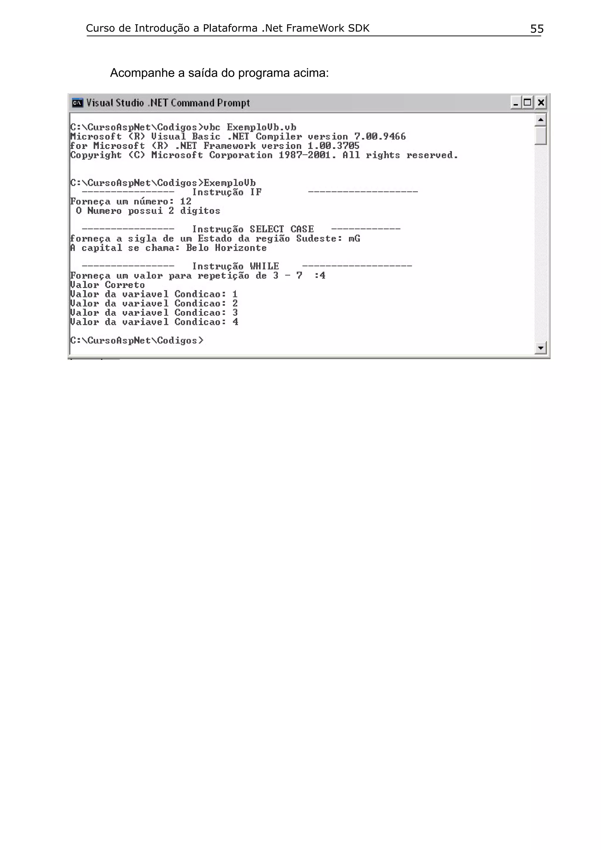 Curso de Introdução a Plataforma .Net FrameWork SDK

Acompanhe a saída do programa acima:

55

 