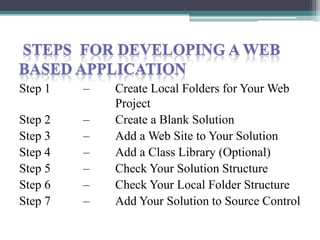 Step 1

–

Step 2
Step 3
Step 4
Step 5
Step 6
Step 7

–
–
–
–
–
–

Create Local Folders for Your Web
Project
Create a Blank Solution
Add a Web Site to Your Solution
Add a Class Library (Optional)
Check Your Solution Structure
Check Your Local Folder Structure
Add Your Solution to Source Control

 
