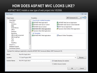 HOW DOES ASP.NET MVC LOOKS LIKE?
ASP.NET MVC installs a new type of web project into VS2008.

 