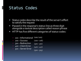 Status Codes
 Status codes describe the result of the server’s effort

to satisfy the request
 Passed in the response's status-line as three digit
alongside a textual description called reason phrase
 HTTP has five different categories of status-codes:






1xx – Informational
2xx – Success
3xx – Redirection
4xx – Client Error
5xx – Server Error

(100 / 101)
(200 – 206)
(300 – 307)
(400 – 417)
(500 – 505)

 