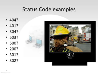 Status Code examples
•
•
•
•
•
•
•
•
41

404?
401?
304?
503?
500?
200?
301?
302?

 