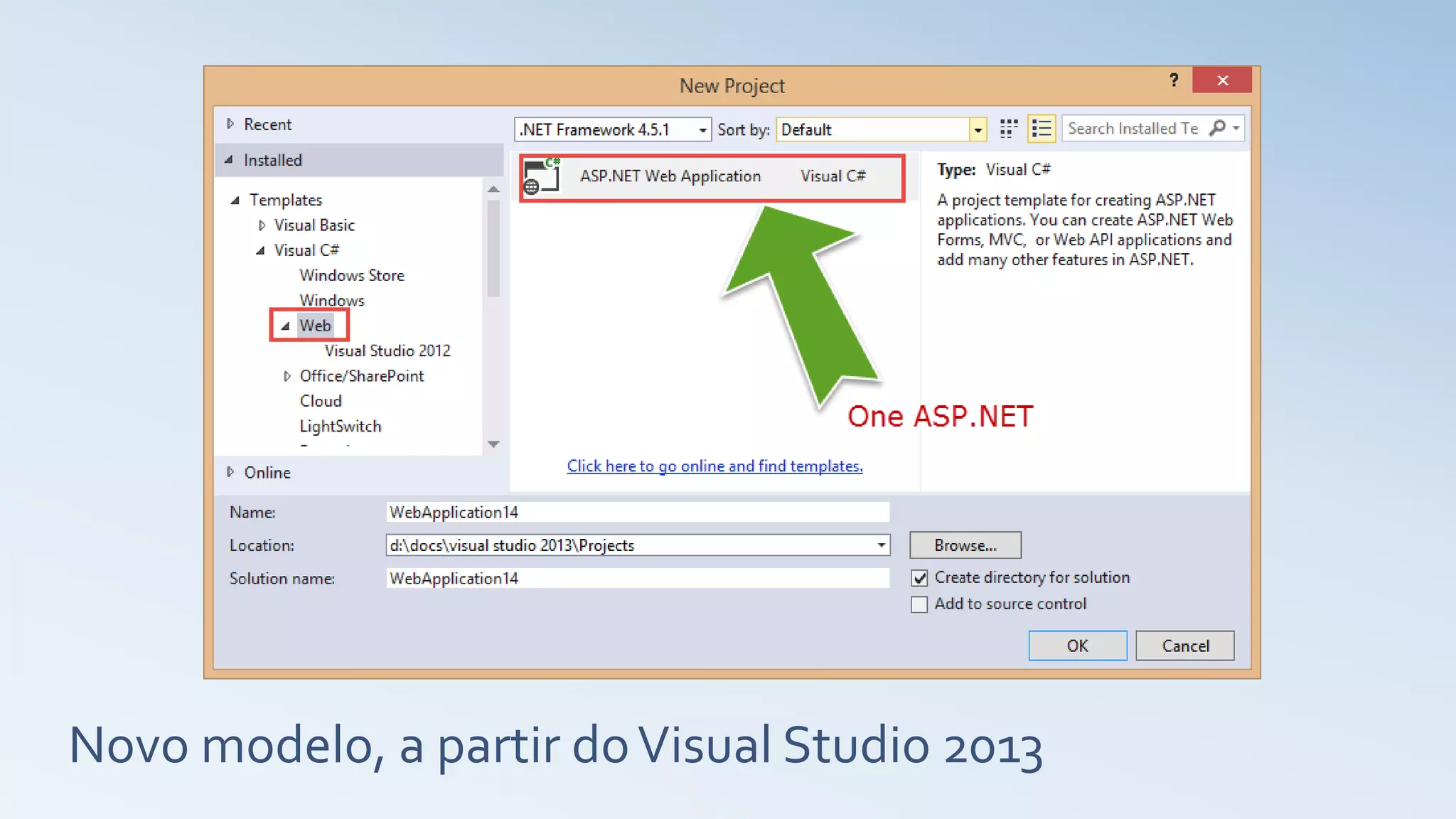 Novo modelo, a partir doVisual Studio 2013 