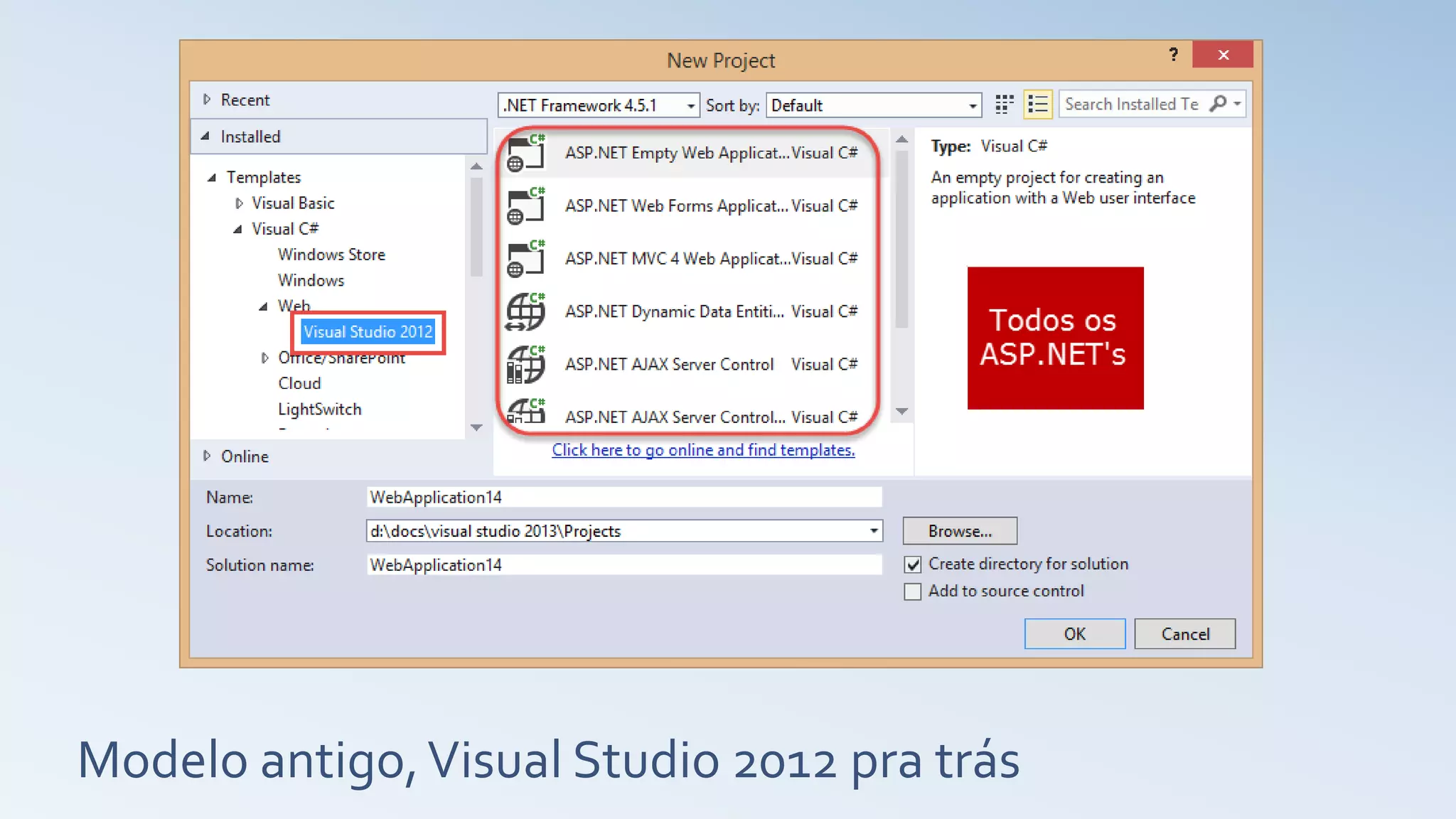 Modelo antigo,Visual Studio 2012 pra trás 