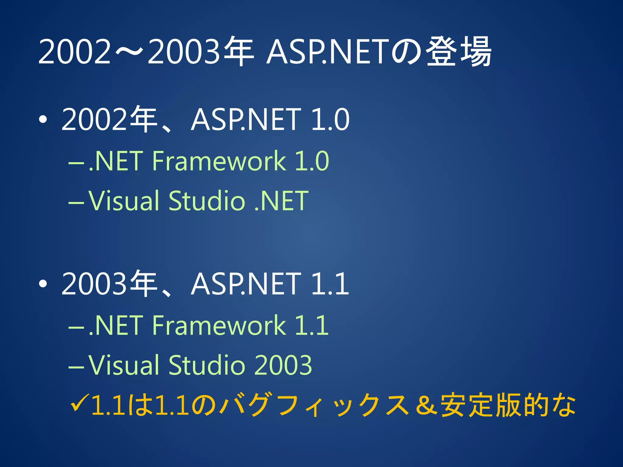 2002～2003年 ASP.NETの登場
• 2002年、ASP.NET 1.0
–.NET Framework 1.0
–Visual Studio .NET
• 2003年、ASP.NET 1.1
–.NET Framework 1.1
–Visual Studio 2003
1.1は1.1のバグフィックス＆安定版的な
 