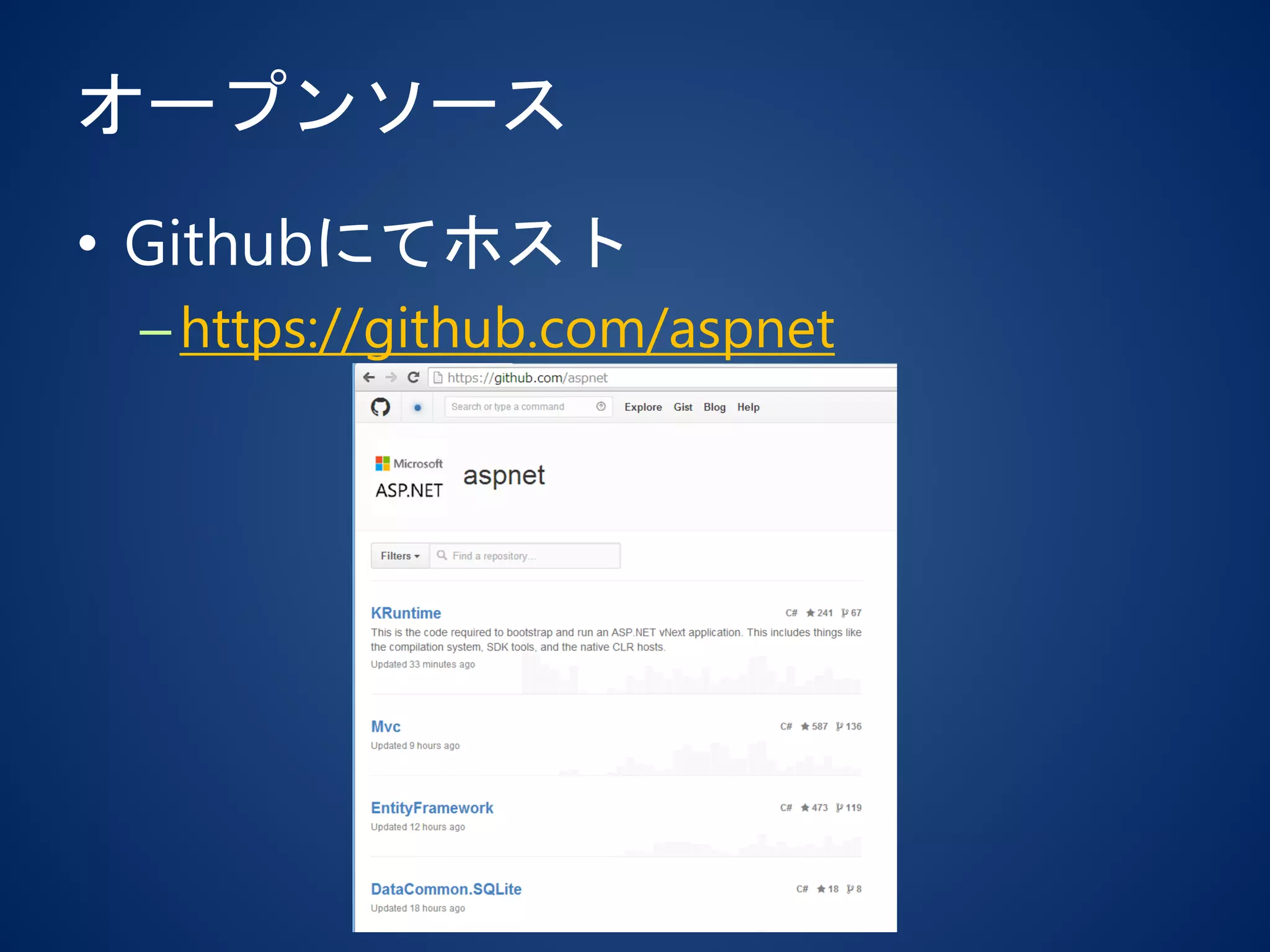 オープンソース
• Githubにてホスト
–https://github.com/aspnet
 