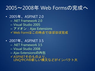 2005～2008年 Web Formsの完成へ
• 2005年、ASP.NET 2.0
– .NET Framework 2.0
– Visual Studio 2005
– アドオン：Ajax Extensions
Web Formはこの時点でほぼほぼ完成
• 2007年、ASP.NET 3.5
– .NET Framework 3.5
– Visual Studio 2008
– Ajax Extensionsの内包
ASP.NETそのものより、
LINQやC#の新しい構文などがインパクト大
 